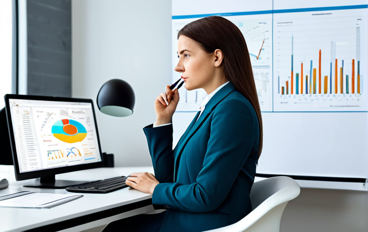 A professional female marketer in a modest business suit, sitting at a modern, clean office desk, thoughtfully gazing at multiple computer screens displaying intricate email marketing dashboards and analytical charts. She has a digital stylus in hand, indicating strategic planning and creative problem-solving. The office environment is bright, minimalist, and conveys a sense of focus and efficiency. safe for work, appropriate content, fully clothed, professional dress, perfect anatomy, correct proportions, natural pose, well-formed hands, proper finger count, natural body proportions, high quality, professional photography.