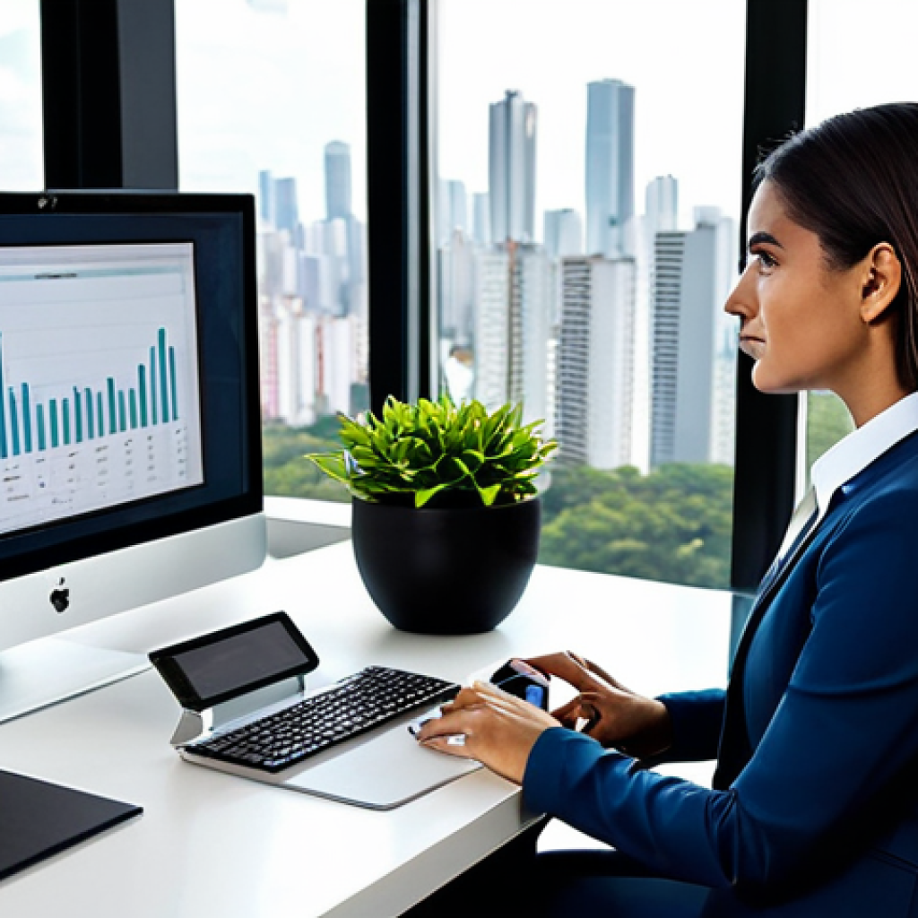 **
A professional businesswoman in a modest business suit, sitting at a desk in a modern office, fully clothed, appropriate attire, safe for work, perfect anatomy, natural proportions, professional photography, high quality. The scene focuses on her working diligently, perhaps reviewing analytics dashboards on her computer screen. The environment should convey a sense of modern Brazilian corporate culture, possibly with a subtle view of São Paulo skyline in the background. Family-friendly.
**