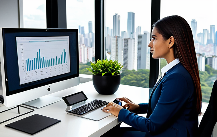 **
A professional businesswoman in a modest business suit, sitting at a desk in a modern office, fully clothed, appropriate attire, safe for work, perfect anatomy, natural proportions, professional photography, high quality. The scene focuses on her working diligently, perhaps reviewing analytics dashboards on her computer screen. The environment should convey a sense of modern Brazilian corporate culture, possibly with a subtle view of São Paulo skyline in the background. Family-friendly.
**