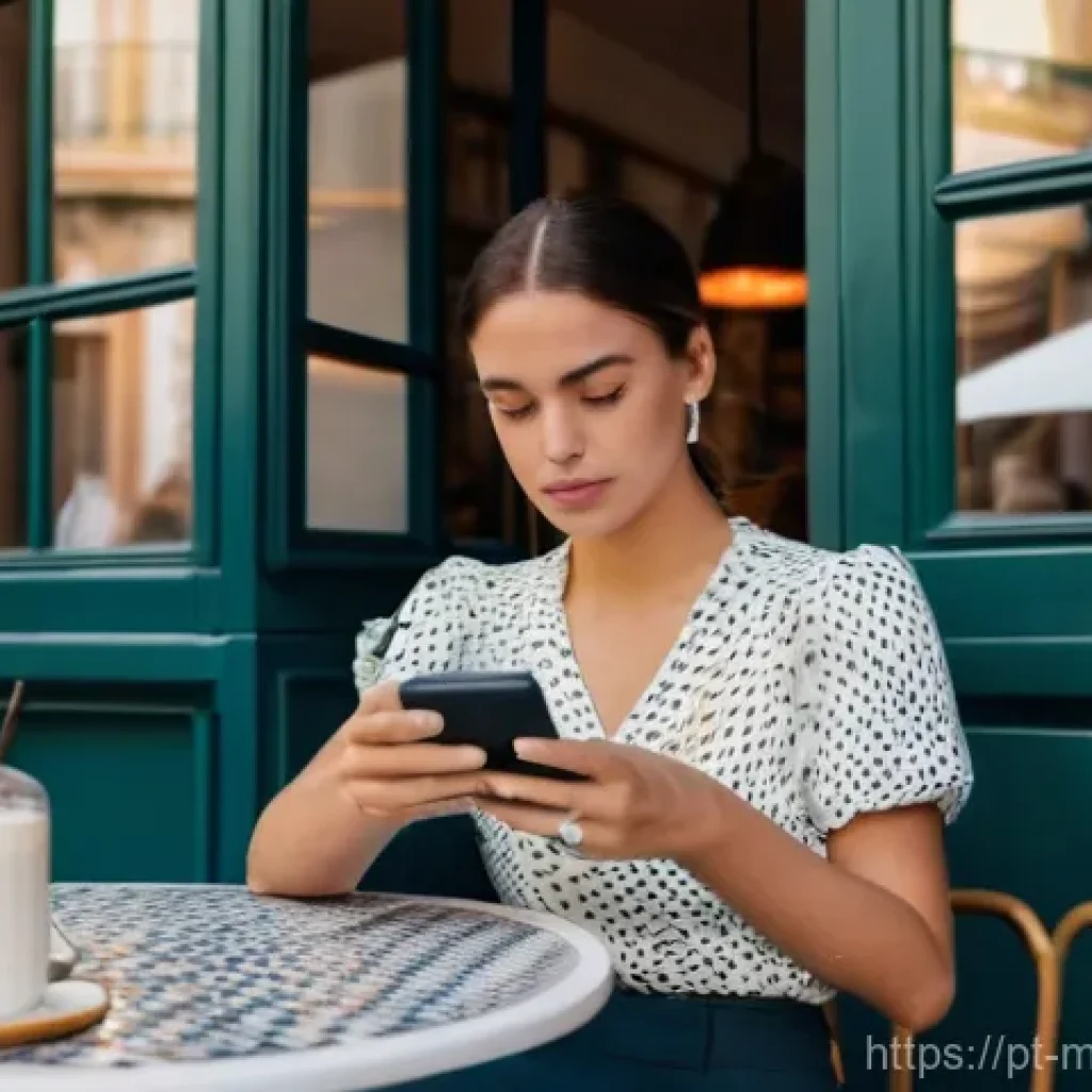 이메일 마케팅 자동화에서 가장 흔한 실수 - A young woman, approximately 25-30 years old, sitting at a chic outdoor cafe in Lisbon, with a "bica...