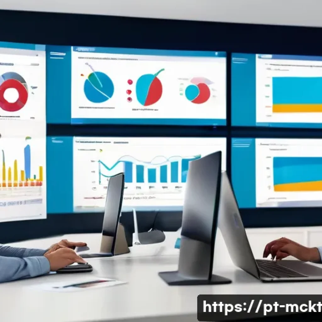 이메일 마케팅 자동화의 최적화 기법 - A professional digital marketing workspace showing a modern office environment with a diverse team a...