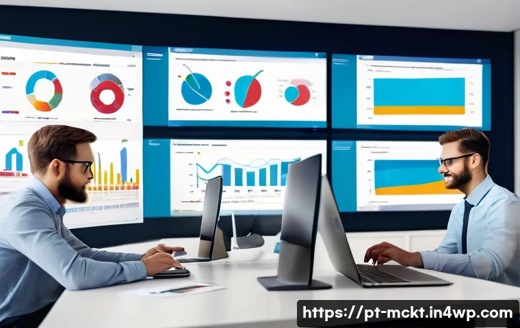이메일 마케팅 자동화의 최적화 기법 - A professional digital marketing workspace showing a modern office environment with a diverse team a...